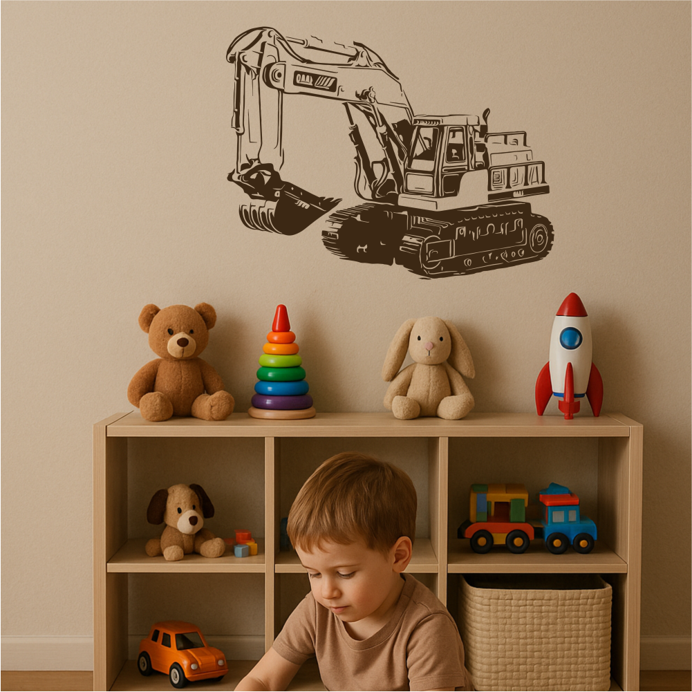 Realistic excavator wall sticker above toy shelf – digger decal adds a construction vibe to boys' playroom