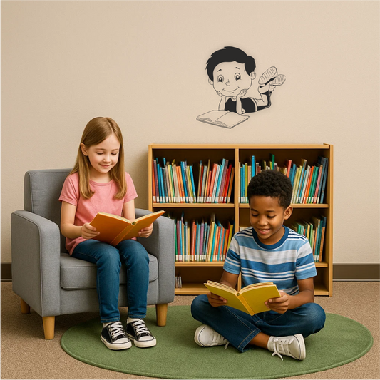 Wall sticker of boy reading above bookshelf – perfect for kids’ room, school library or story time area