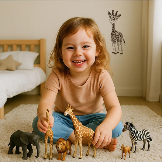 Girl playing with animal toys under giraffe wall decal in kids’ room