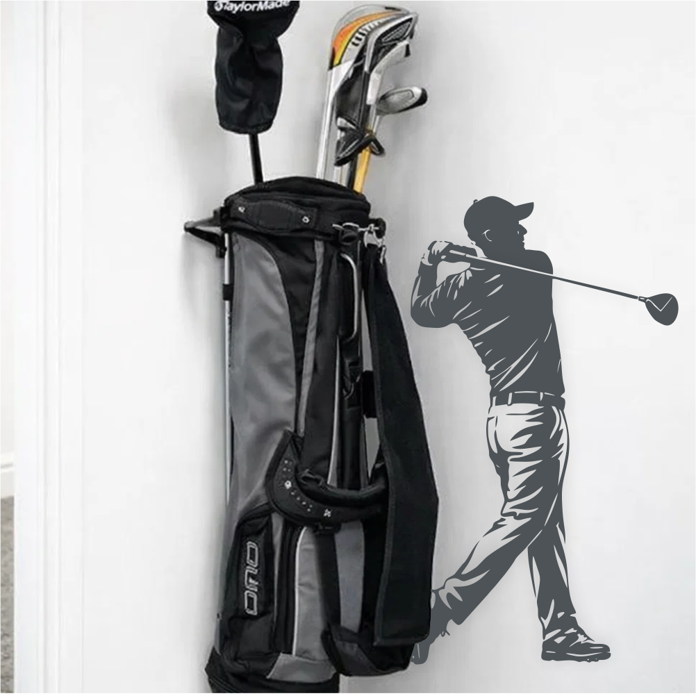 Golf swing wall decal next to golf bag in sports room – golfer wall decor