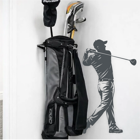 Golf swing wall decal next to golf bag in sports room – golfer wall decor