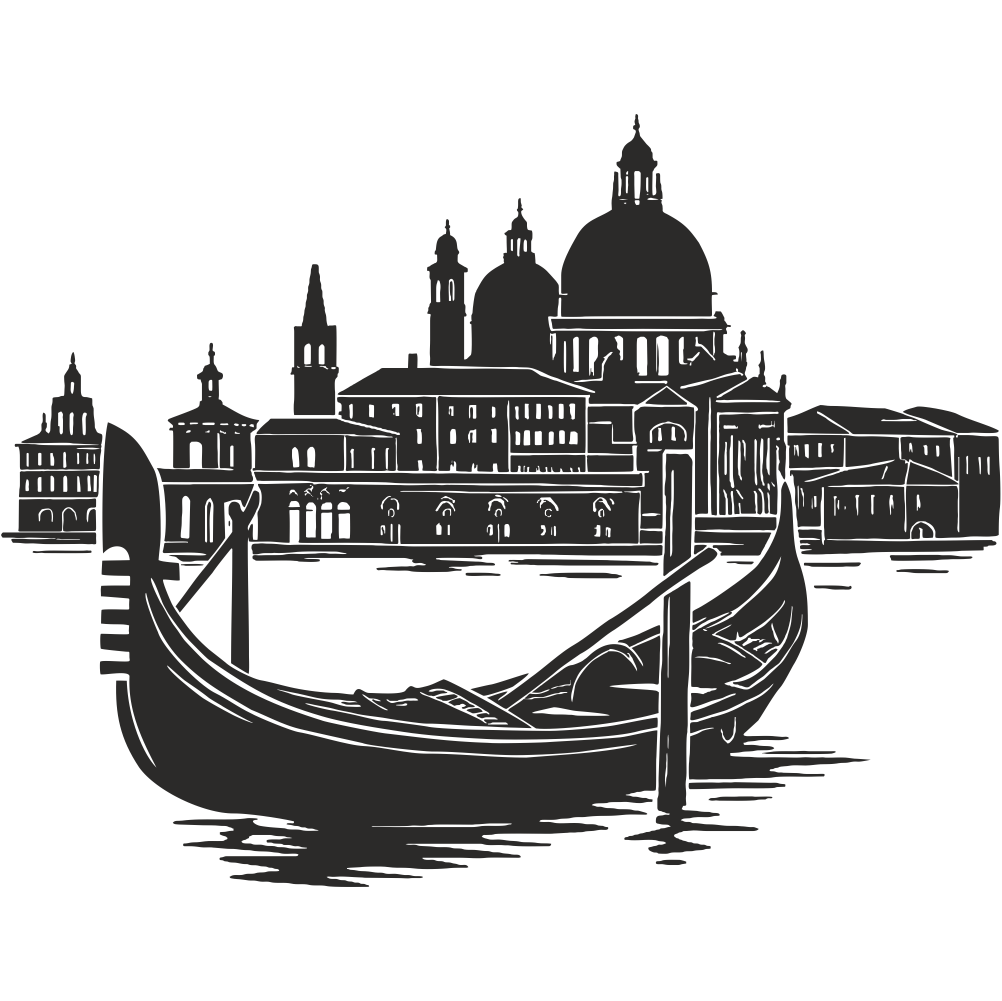 Gondola in Venice wall decal showing classic Venetian skyline and gondola illustration