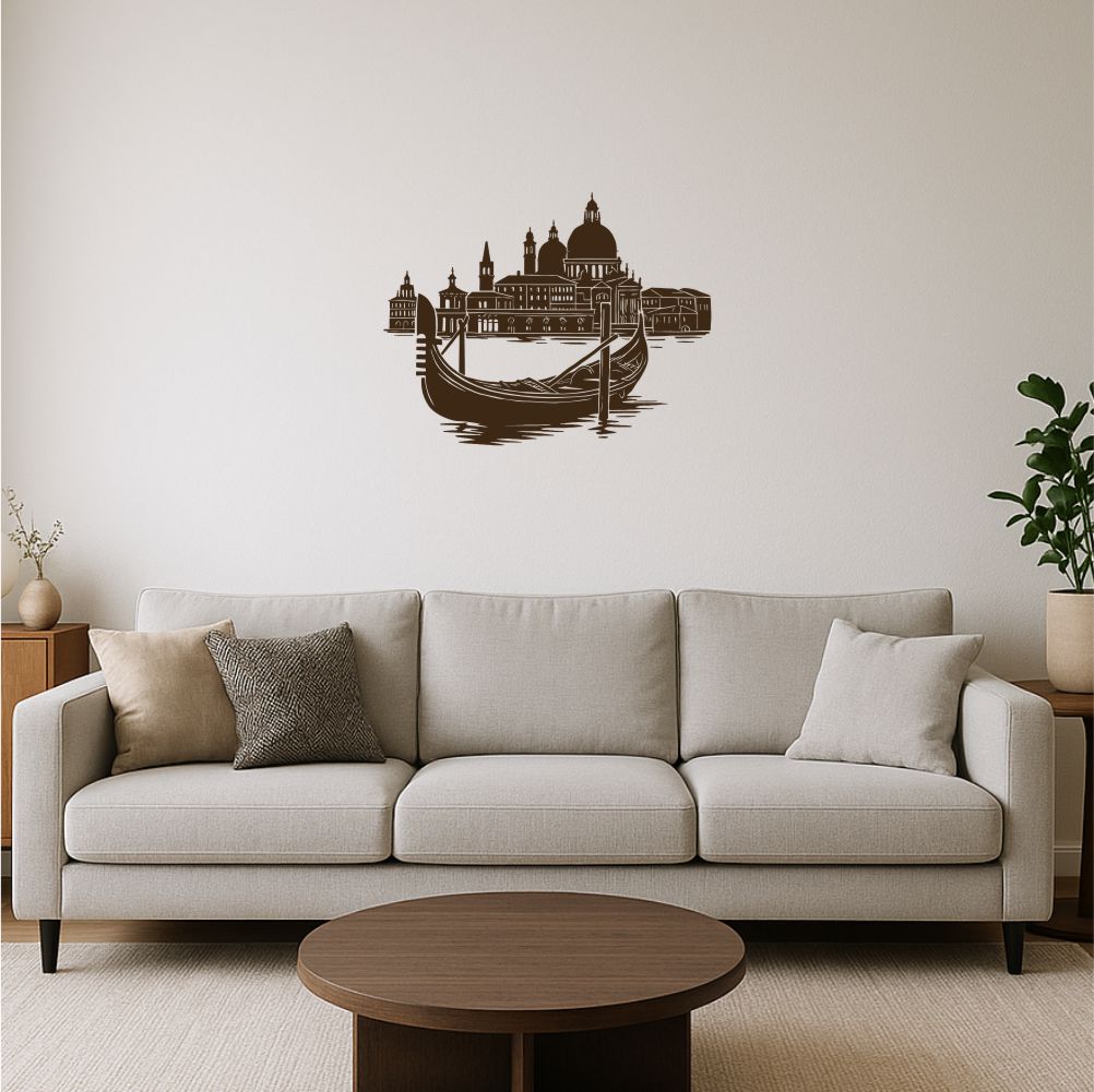 Gondola in Venice wall decal in living room above sofa with elegant neutral interior