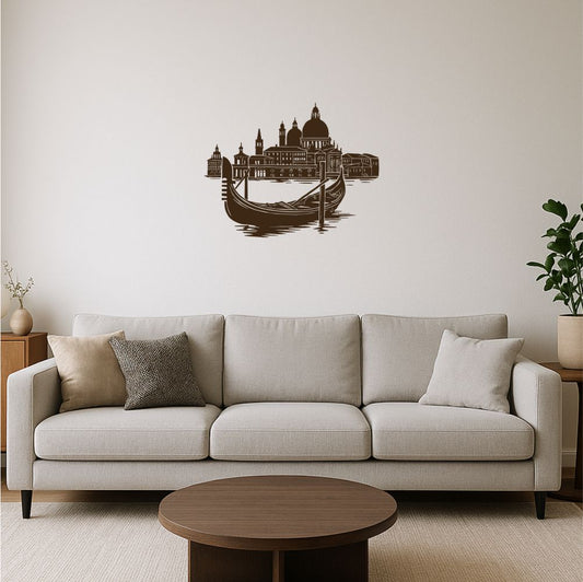Gondola in Venice wall decal in living room above sofa with elegant neutral interior