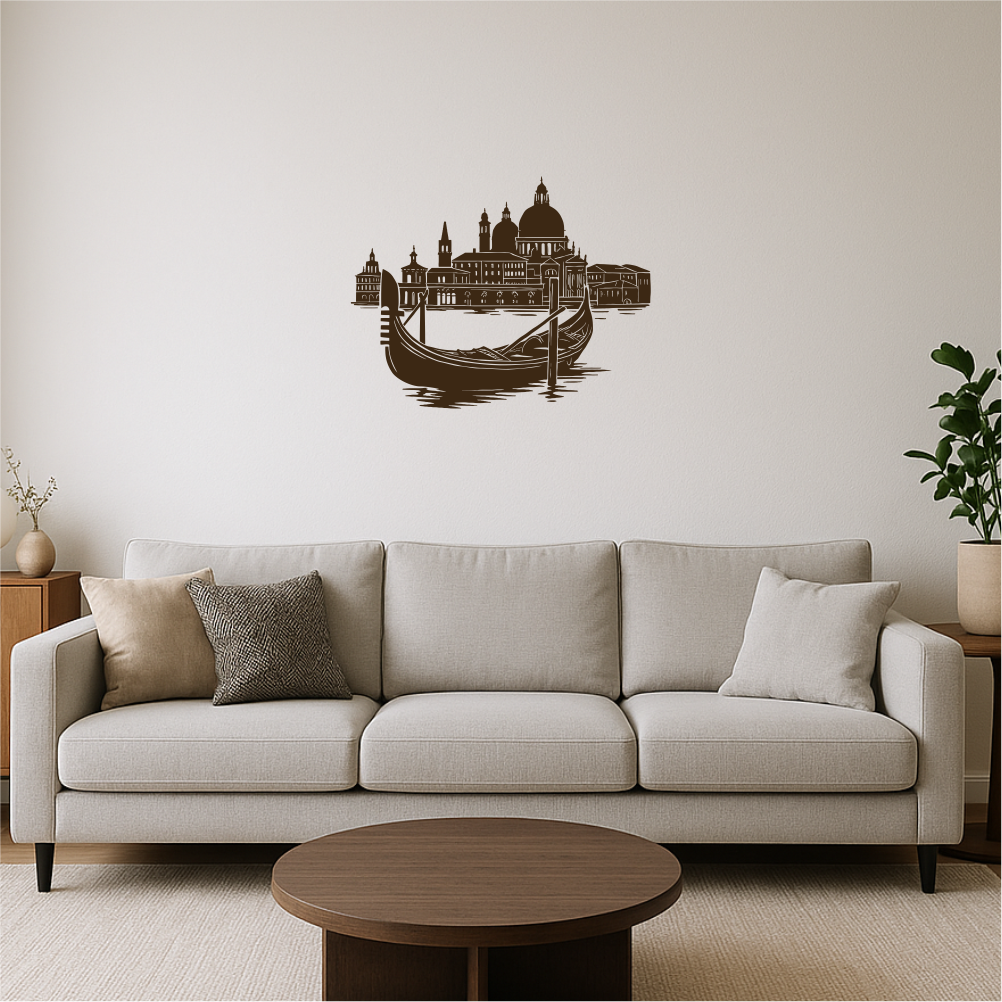 Modern living room with Venice gondola wall decal – romantic Italian vinyl wall art inspired by the city skyline.
