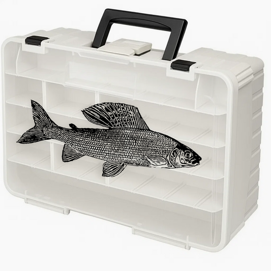 Grayling fish vinyl decal applied on white tackle box – fishing gear decoration for anglers.