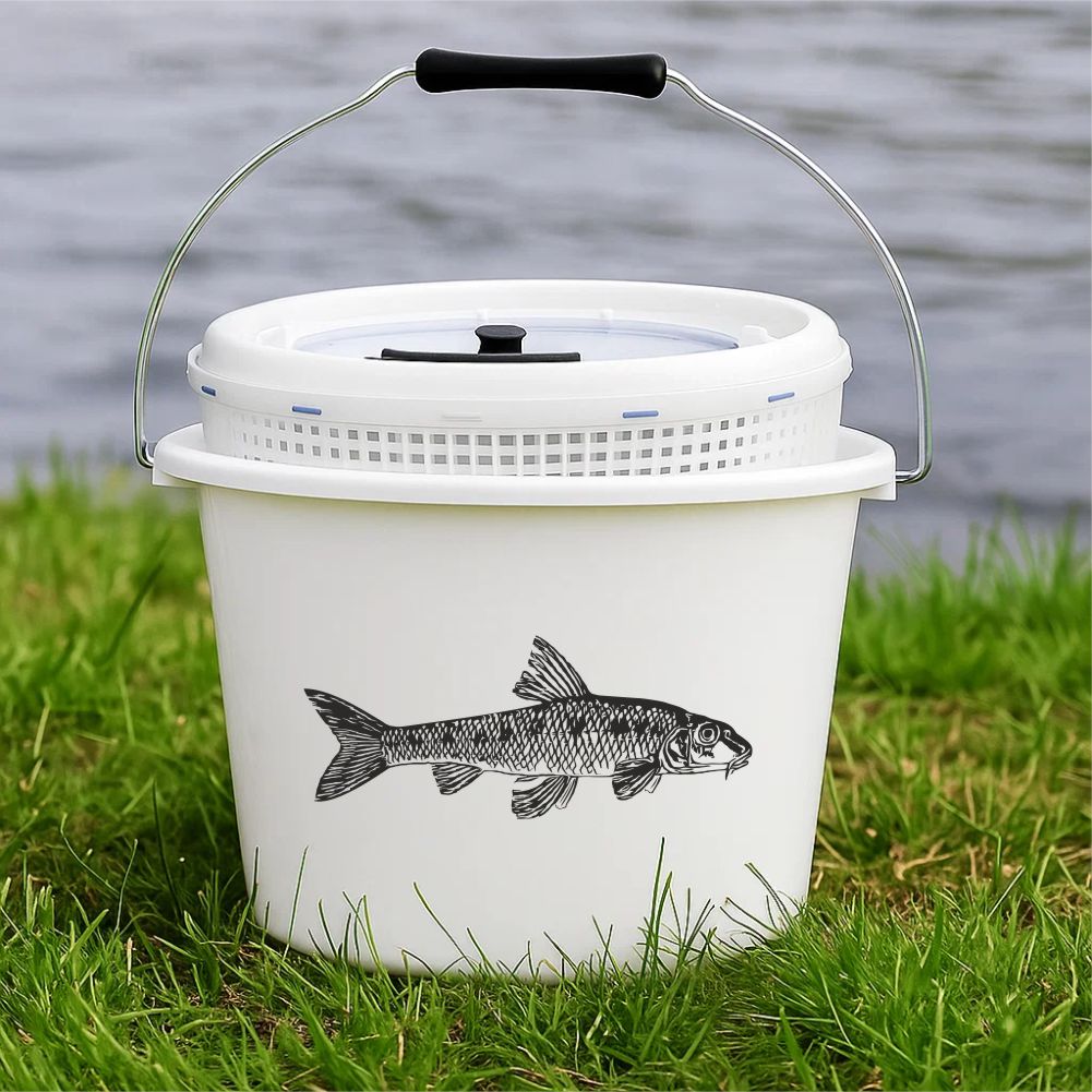 Gudgeon fishing decal applied on fishing bait bucket by the water