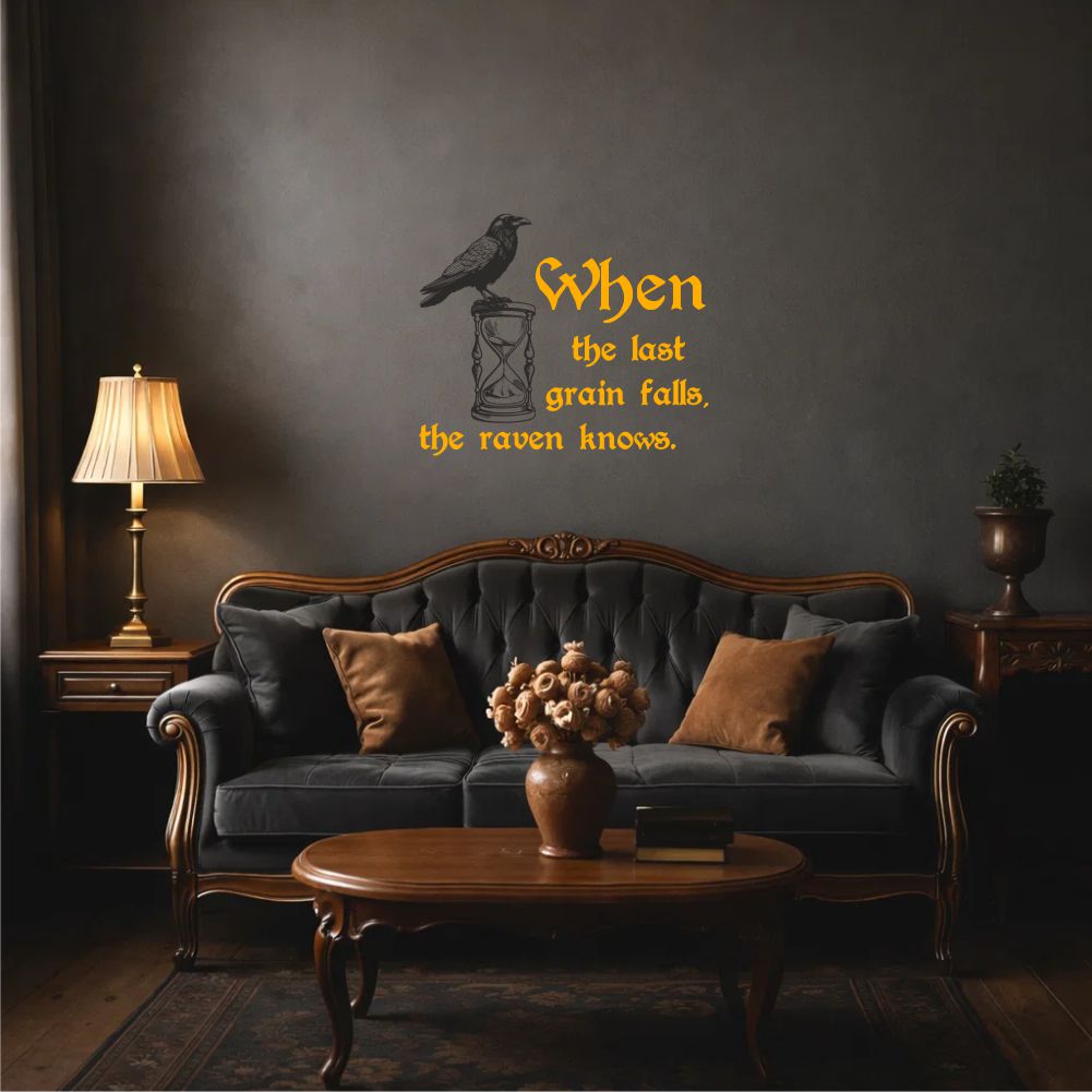 Hourglass wall decal in dark living room above sofa with moody vintage interior