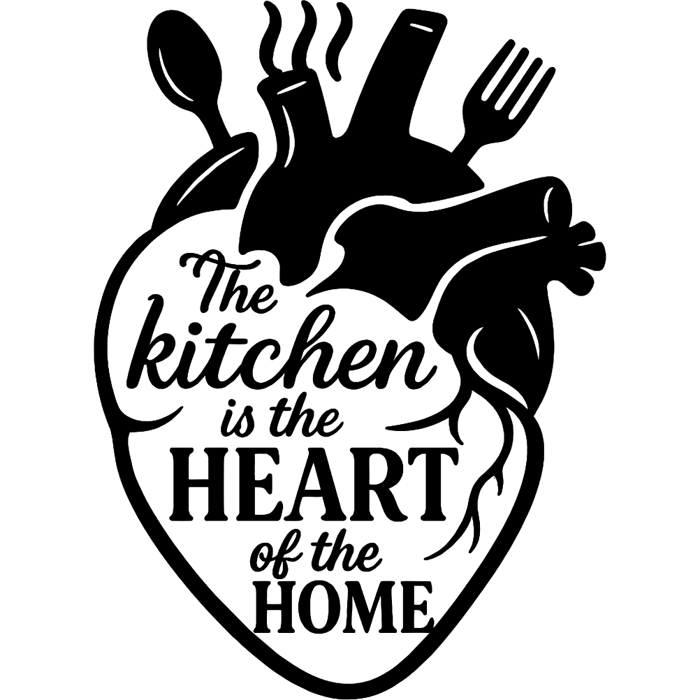 Kitchen is the heart of the home quote wall decal with anatomical heart and kitchen utensils illustration