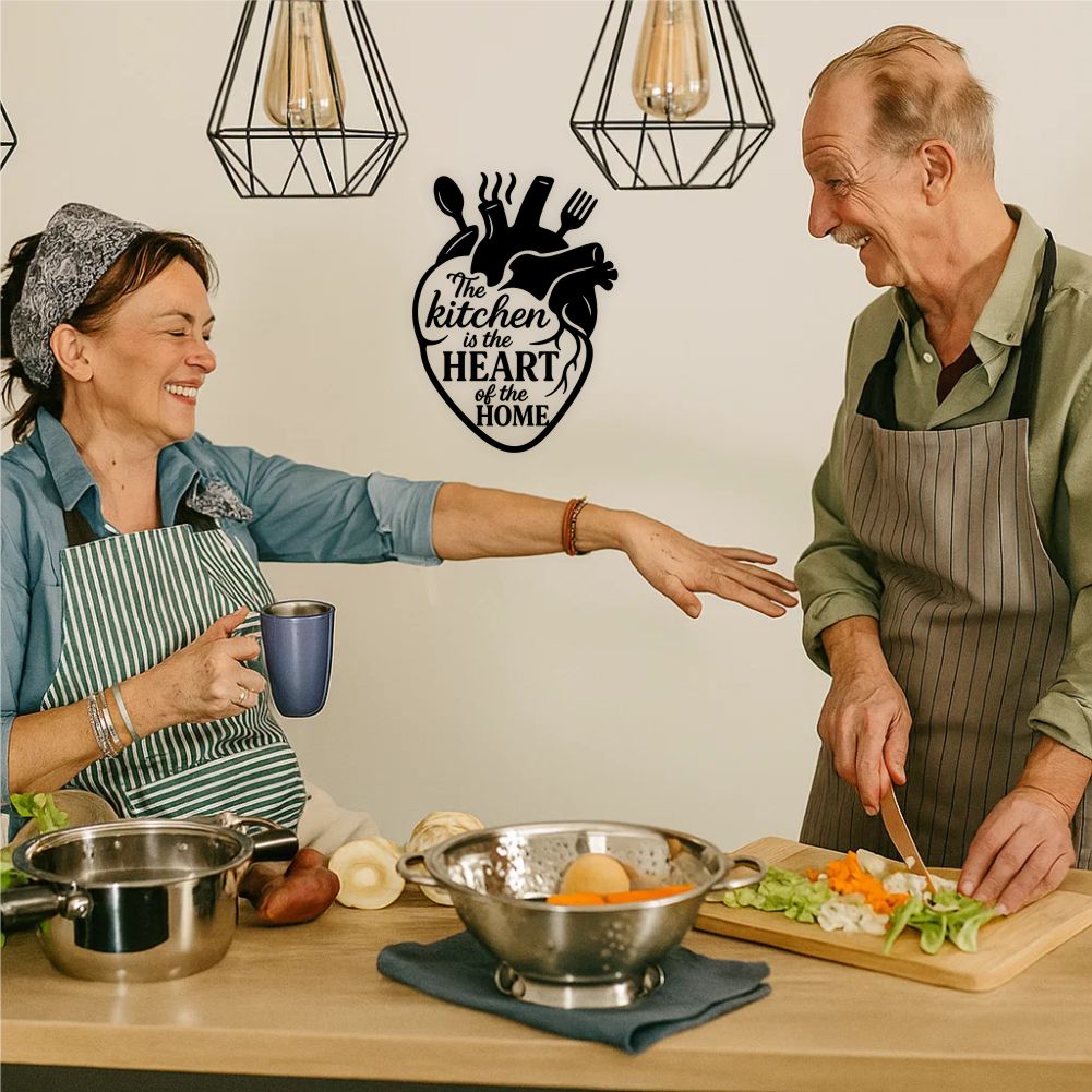 Kitchen is the heart quote wall decal in family kitchen with couple cooking together