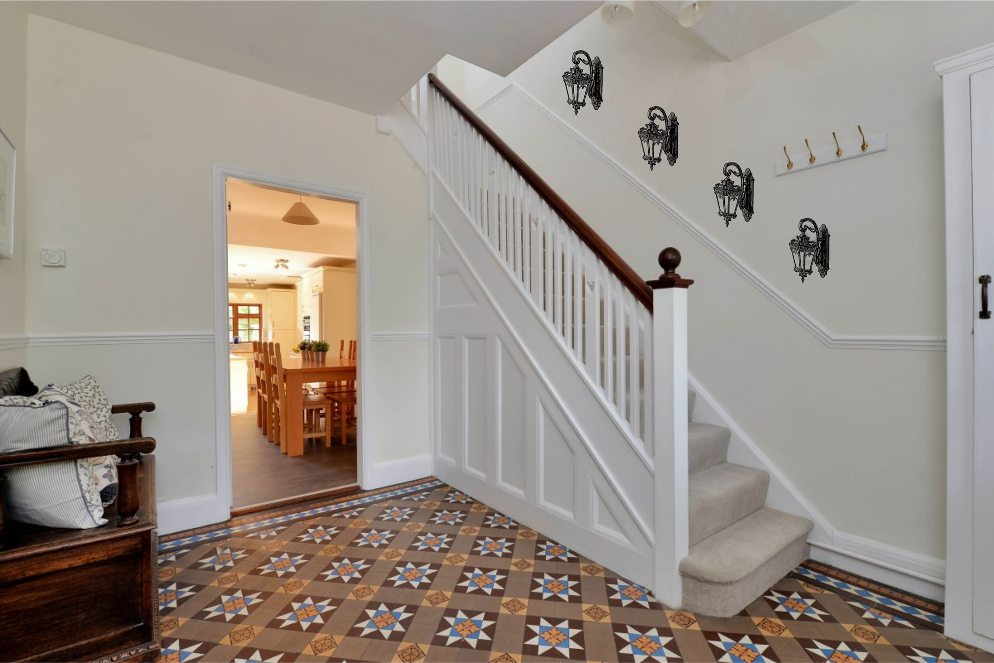 Lantern wall decal applied in hallway – real home stairway inspiration