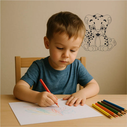Child drawing at desk with leopard cub wall decal in kids’ room