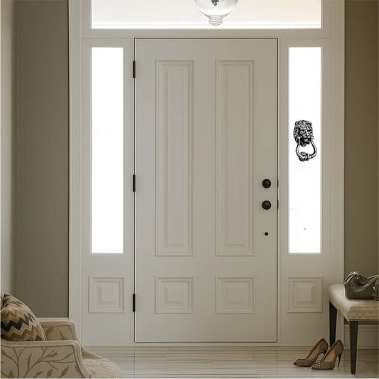 Lion door knocker wall decal on front door in hallway
