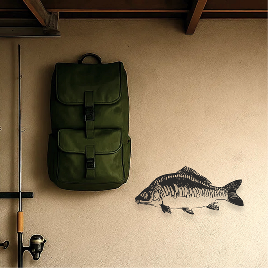 Black mirror carp vinyl decal applied to beige wall in rustic fishing shed with rod and green backpack