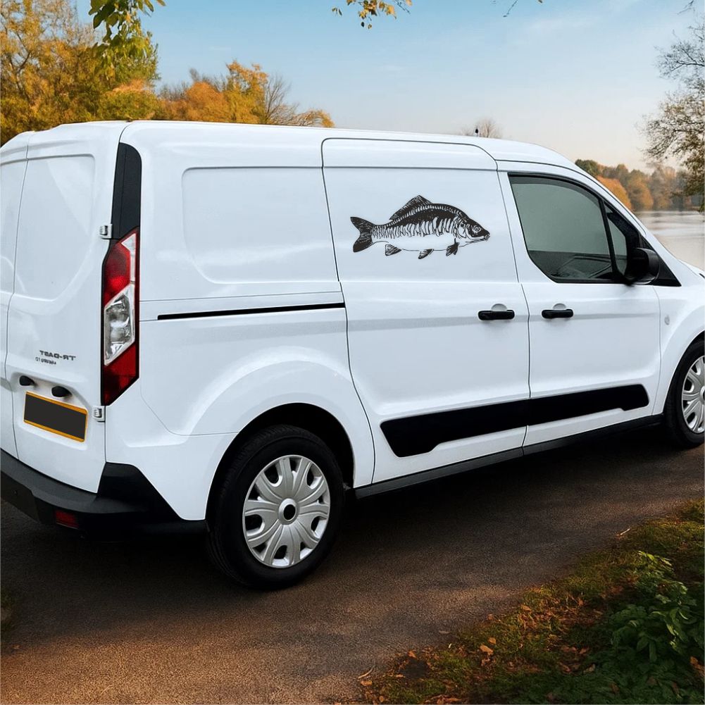 Mirror carp fishing decal applied on van side panel