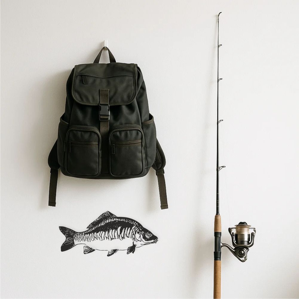 Mirror carp fishing decal displayed on wall with fishing backpack and rod