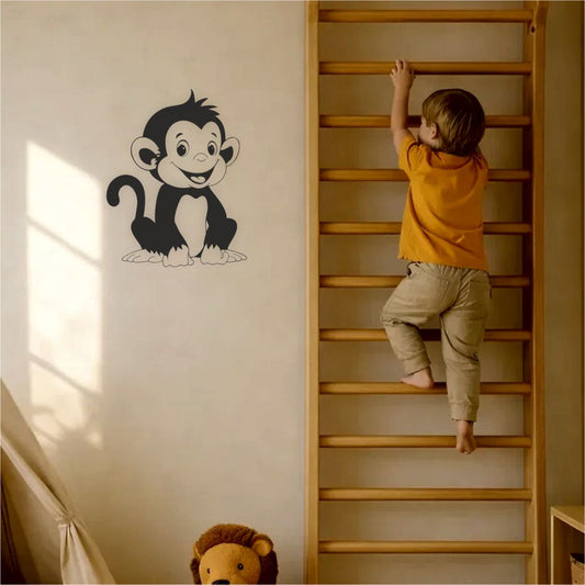 Monkey wall decal in kids’ room next to climbing ladder – animal wall decor for children