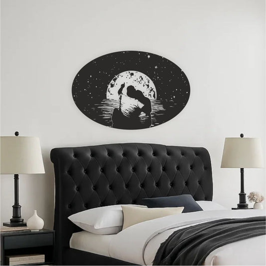 Moon lovers wall decal with starry night moon applied above bed in modern bedroom