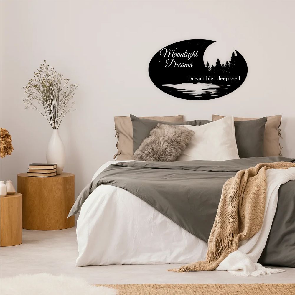 Moonlight Dreams crescent moon wall decal applied above bed in calm modern bedroom