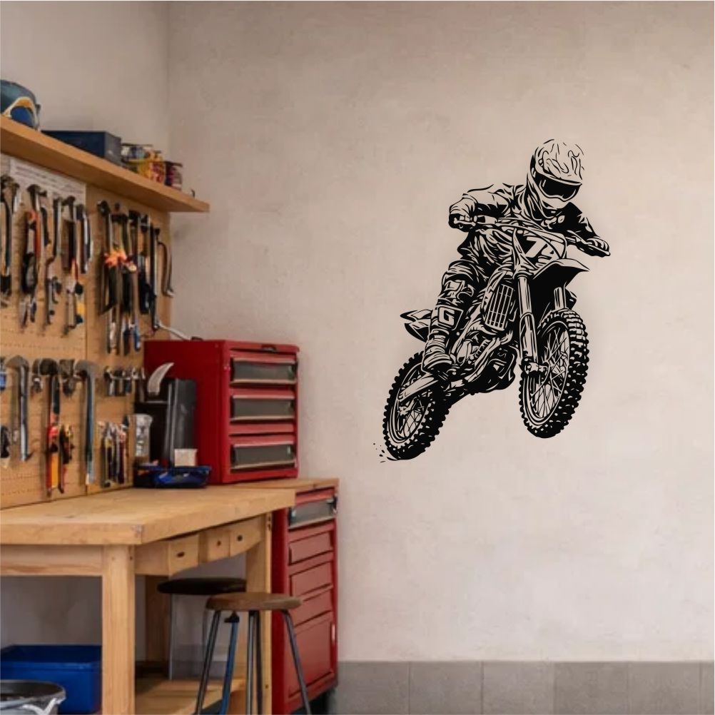 Motocross jump wall decal in garage workshop interior – dirt bike racing wall decor