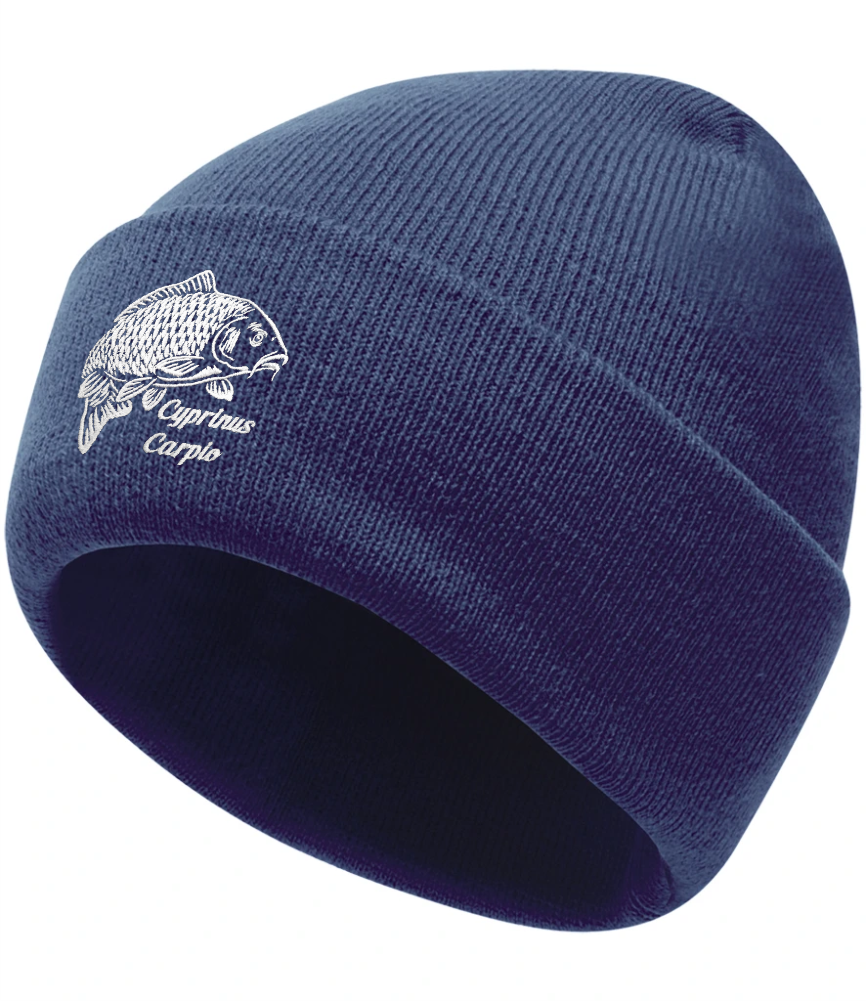 Navy fishing beanie with embroidered carp logo – front turned-up cuff view