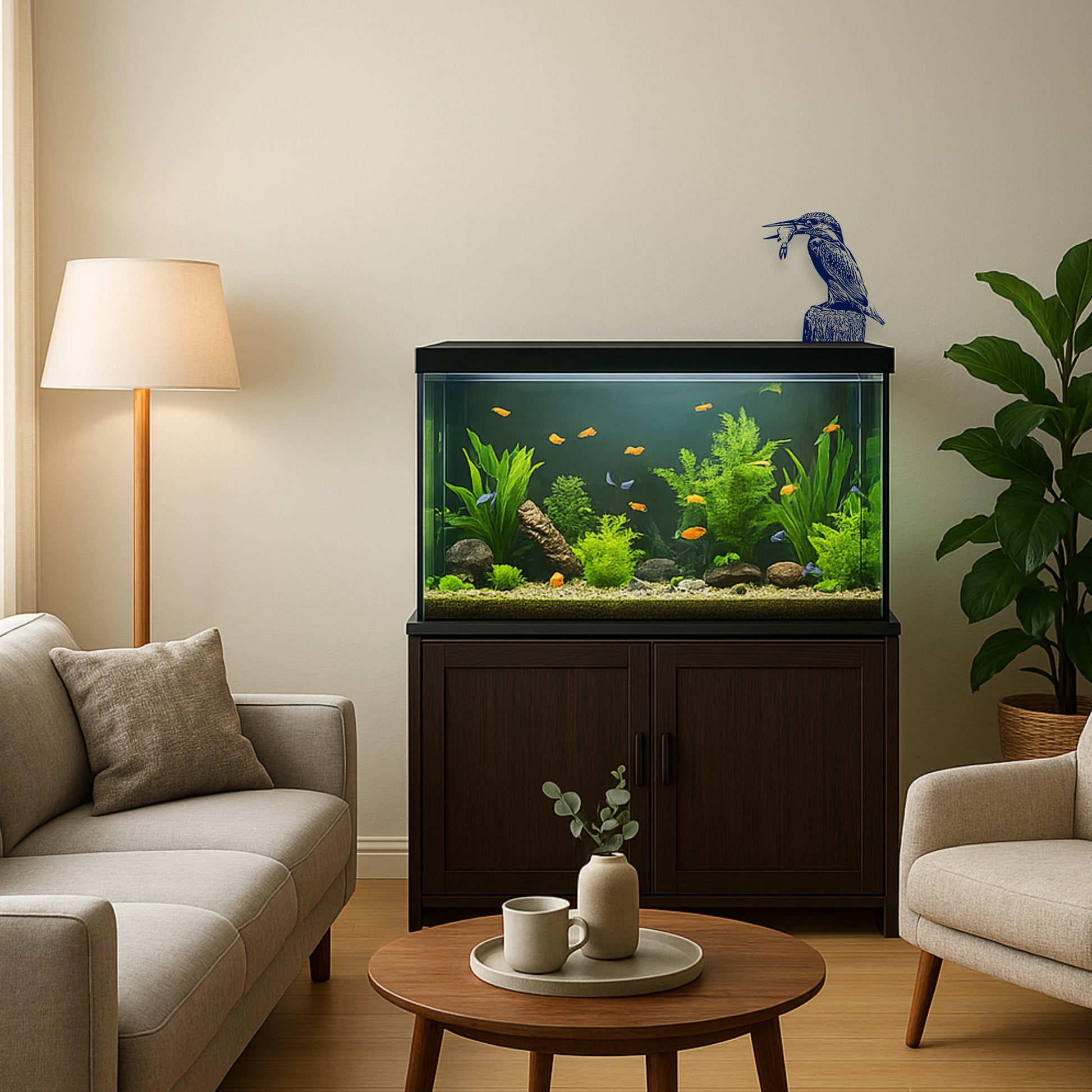 Kingfisher wall sticker above aquarium in modern living room – elegant nature-inspired vinyl wall art