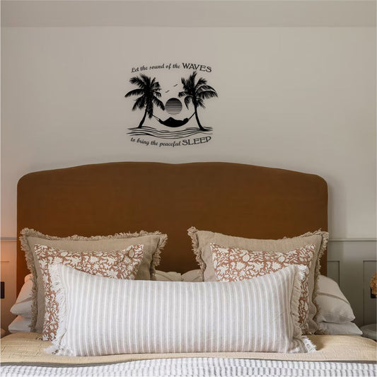 Ocean wave wall decal above bed in calm bedroom interior