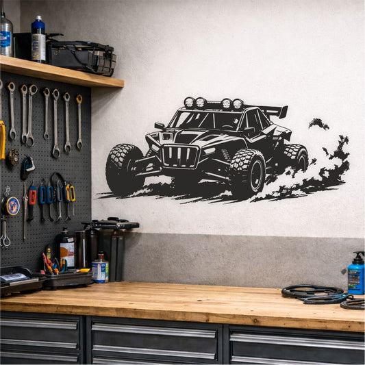 Off-road buggy wall decal in garage workshop interior – motorsport wall decor for car enthusiasts