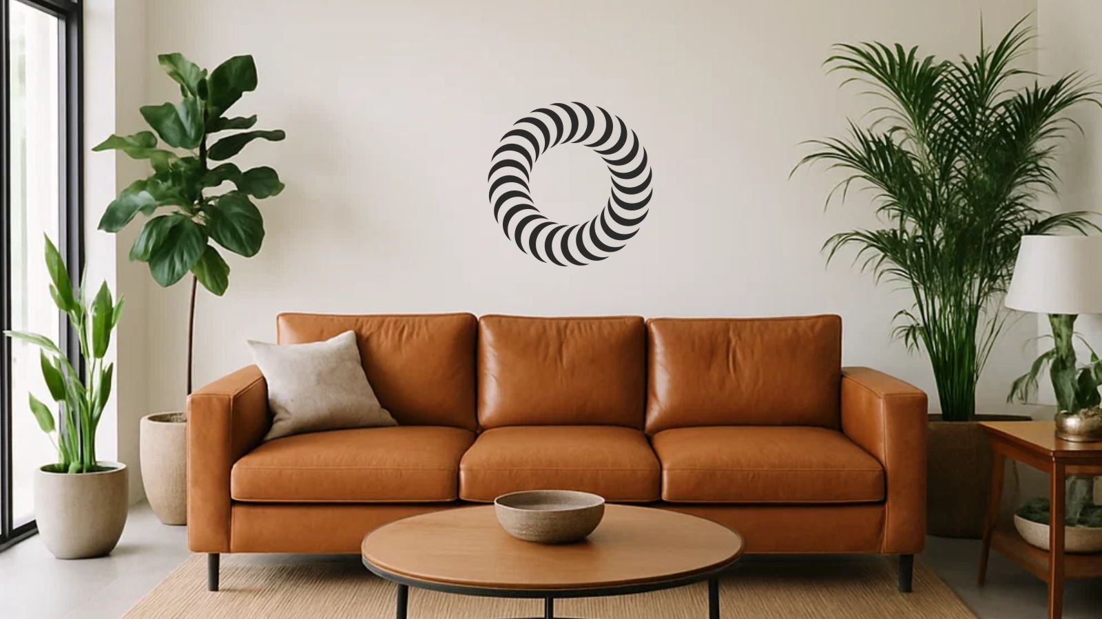 Optical spiral wall decal displayed above a modern living room sofa – minimalist vinyl design creating a stylish focal point.
