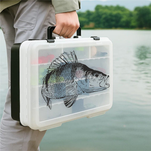 Perch fishing decal applied on tackle box by the lakeside