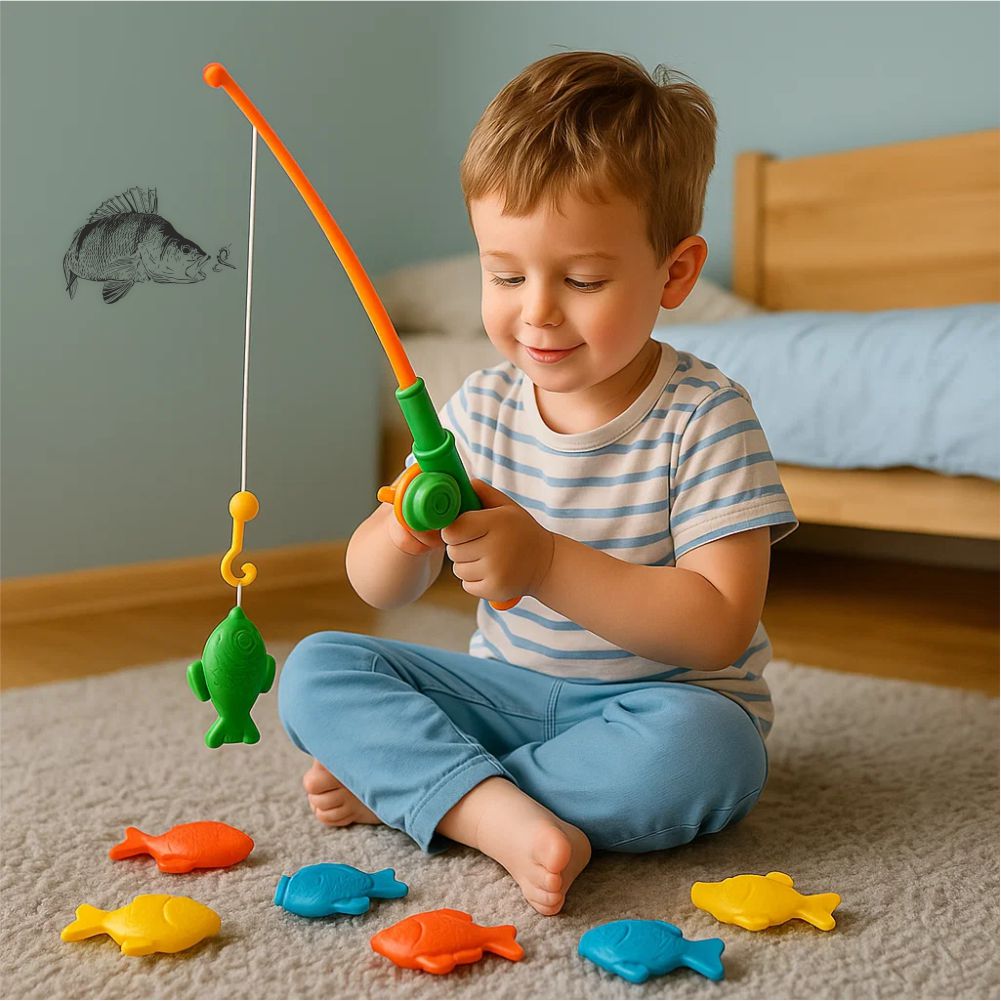Perch fishing decal displayed in kids room during playful fishing moment