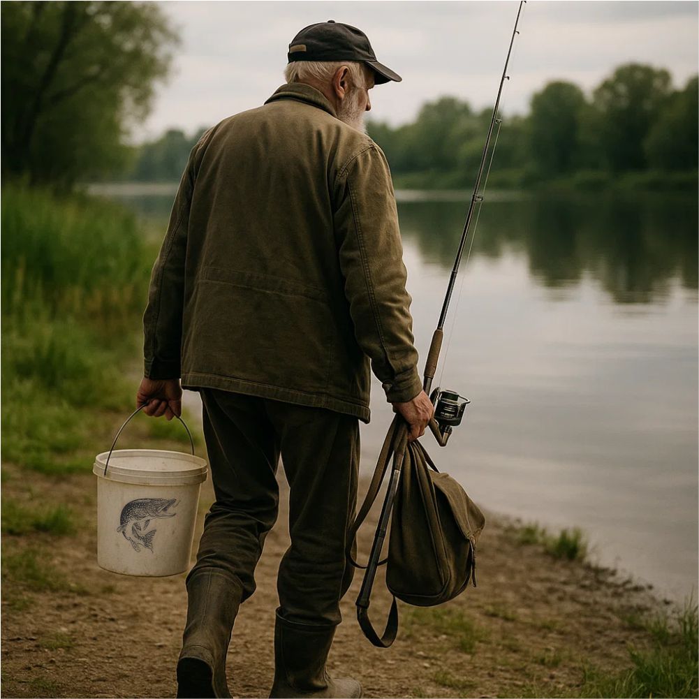 Pike fishing decal featured in fishing lifestyle scene by the lake