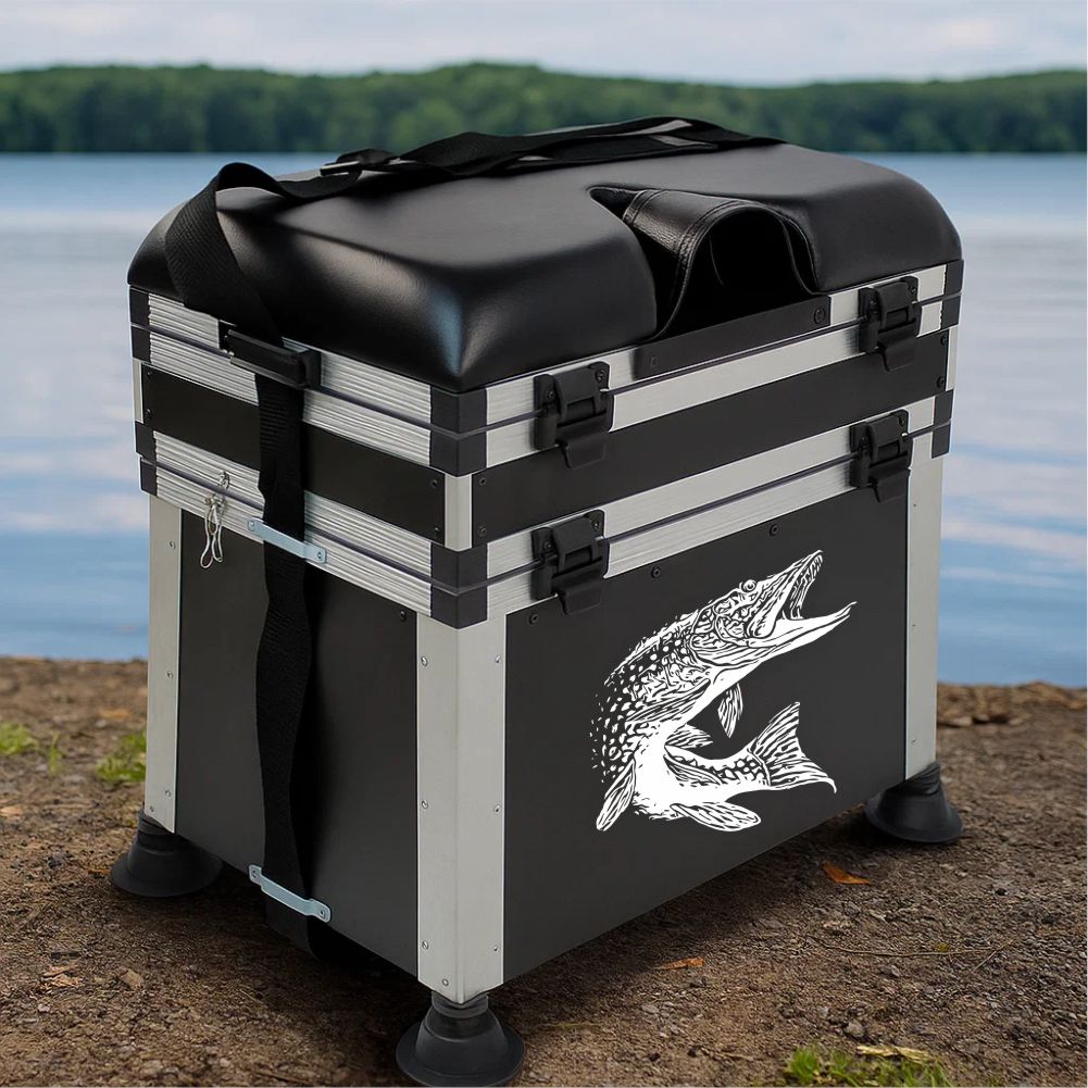 Pike fishing decal applied on fishing seat box by the water