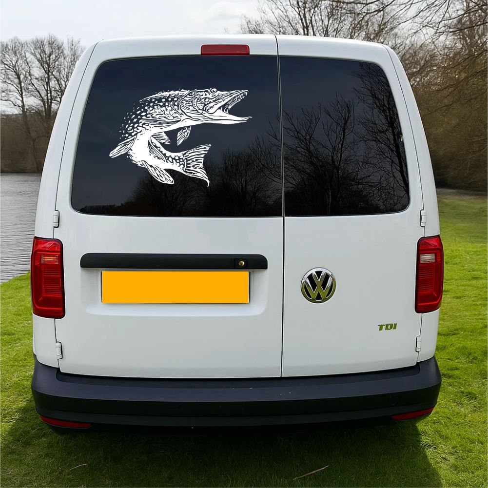 Pike fishing decal applied on van rear doors near lakeside