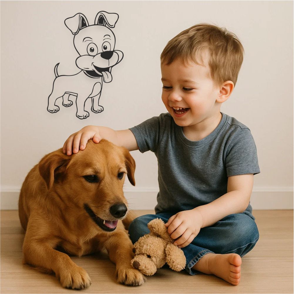 Puppy wall decal in kids’ room with child and dog – animal wall decor for children