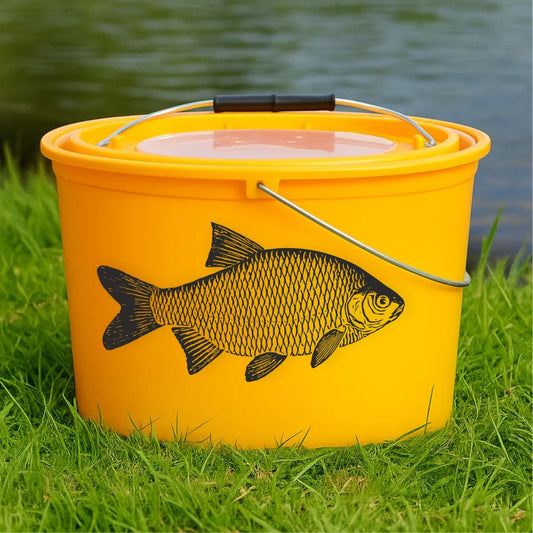 Rudd fishing decal applied on bait bucket by the water