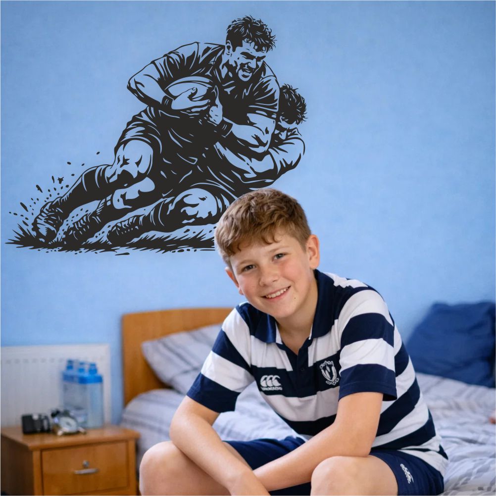 boy in bedroom with rugby tackle wall decal – sporty kids room decor
