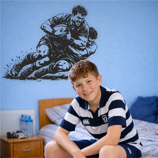 boy in bedroom with rugby tackle wall decal – sporty kids room decor