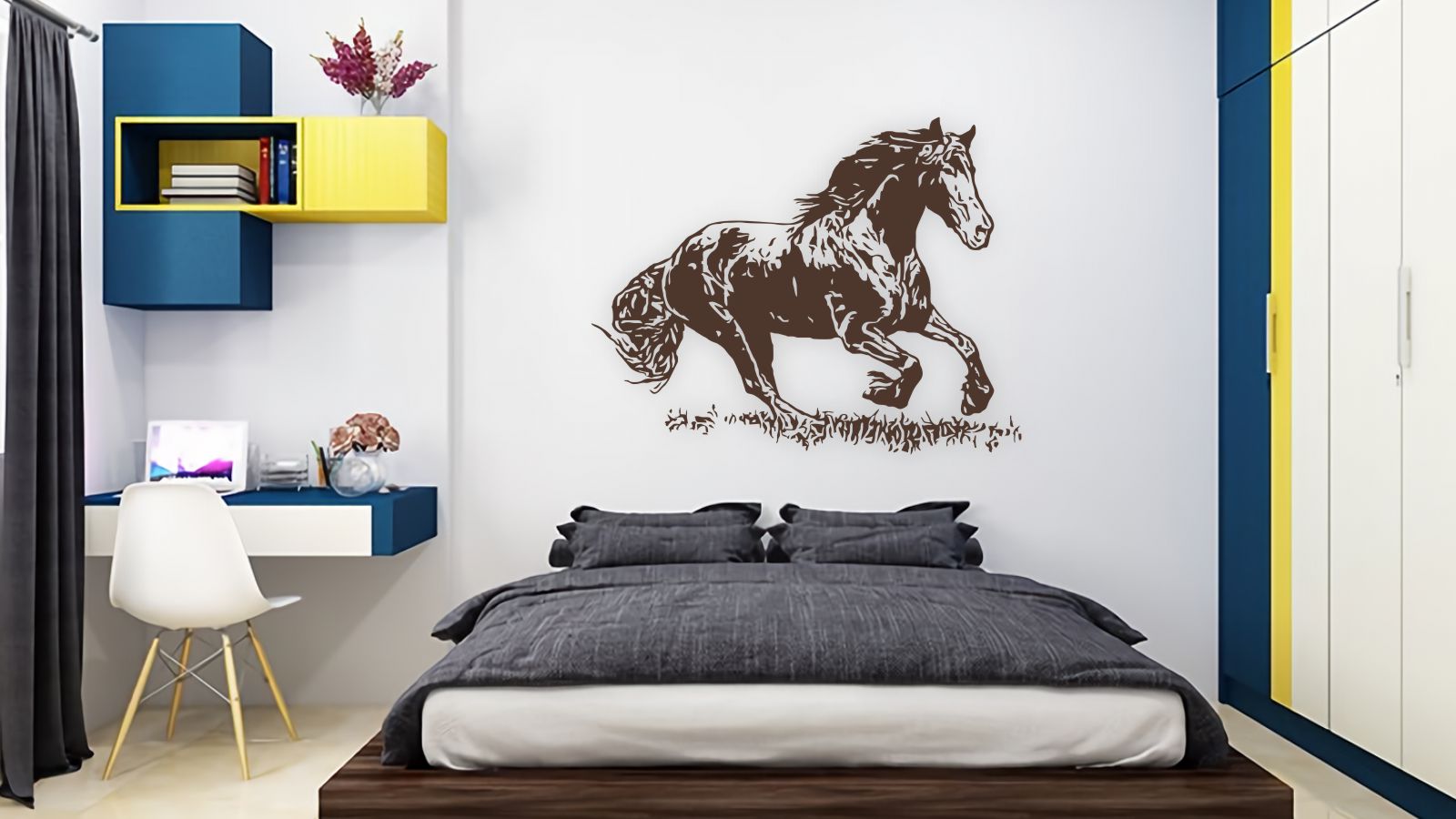 Running horse wall decal displayed above a modern bedroom bed – dynamic vinyl design creating a bold feature wall.