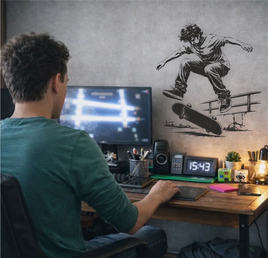 Skateboard wall decal with kickflip trick applied in modern room – dynamic sports wall decor