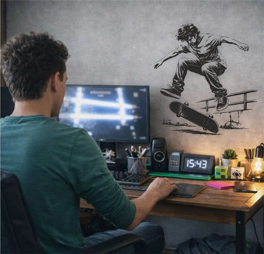 Skateboard wall decal with kickflip trick applied in modern room – dynamic sports wall decor