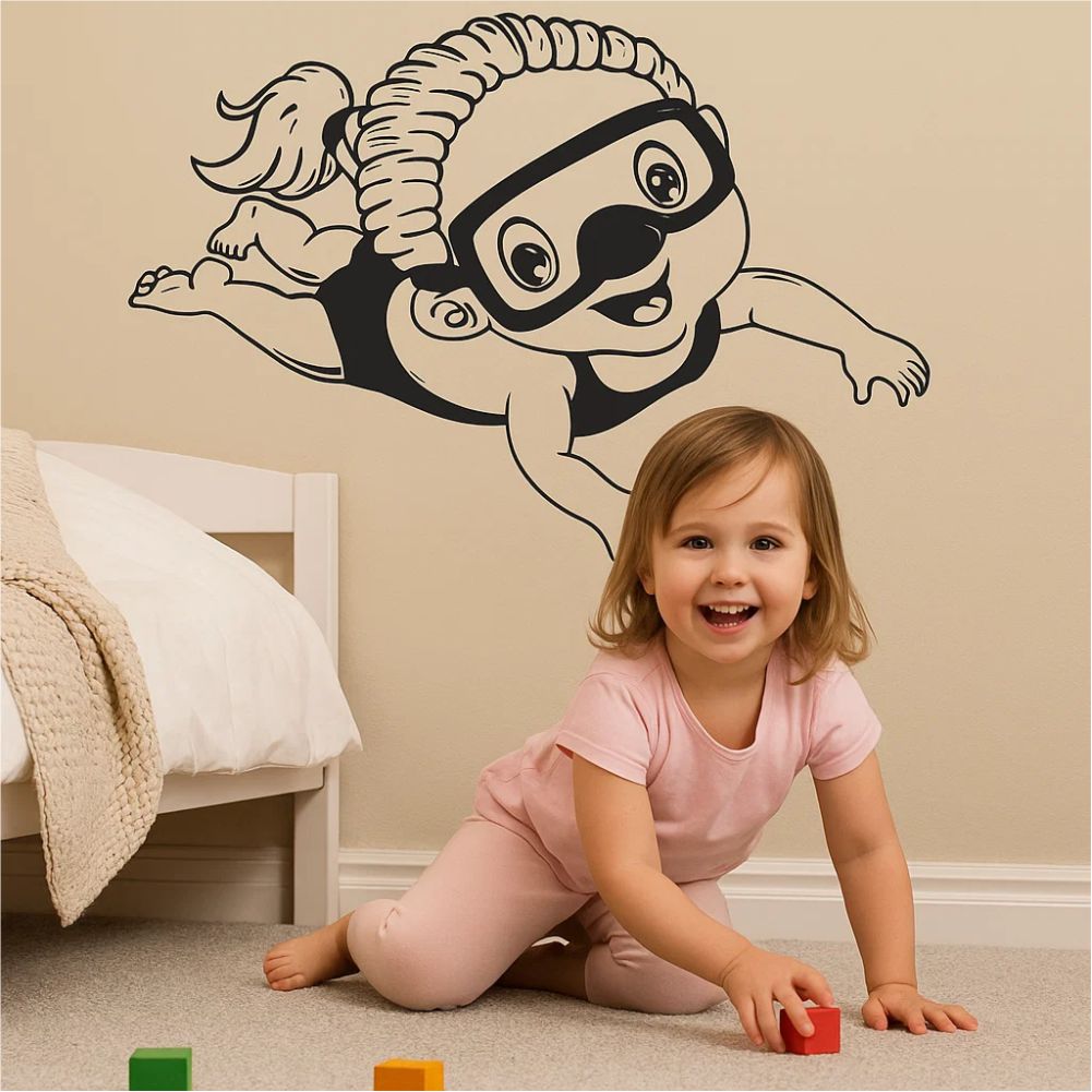 Small diver girl wall decal in kids’ room – underwater themed wall decor