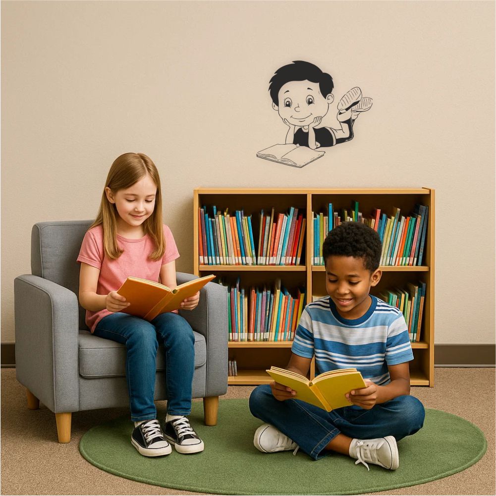 Small reader boy wall decal in kids’ room – reading themed wall decor
