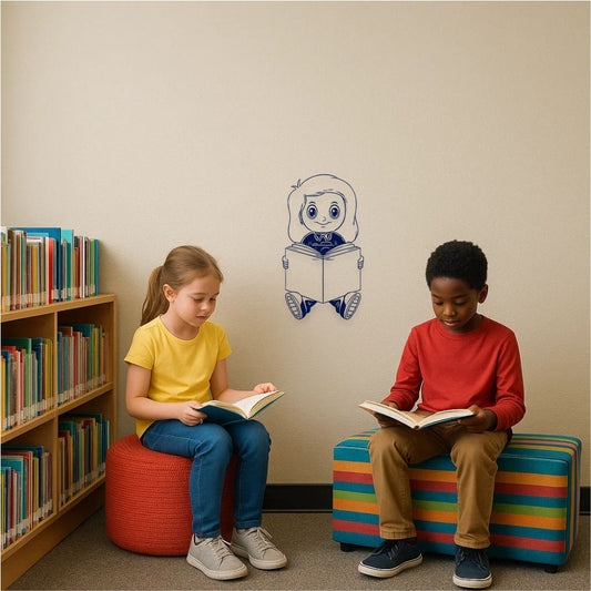Small reader girl wall decal in kids’ reading corner – wall decor for children