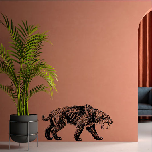 Smilodon wall decal in living room interior – saber-toothed tiger wall art