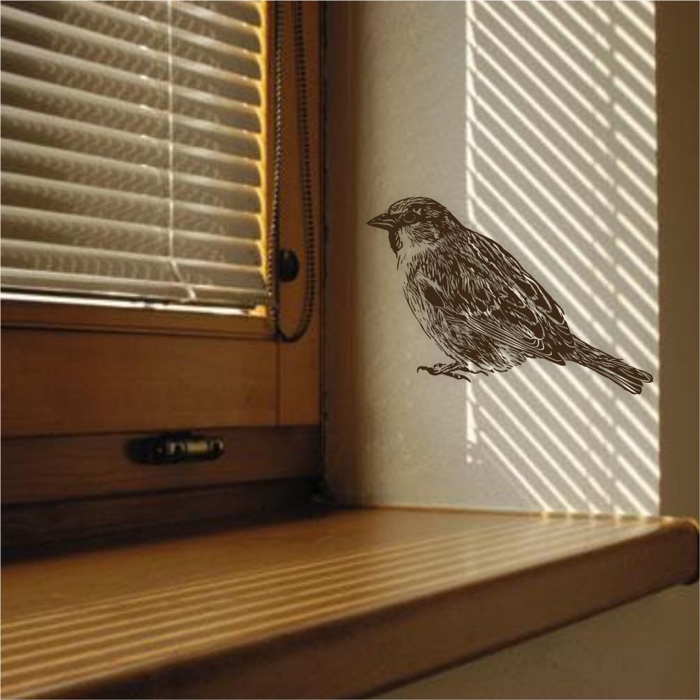 Sparrow wall decal applied on windowsill – small bird wall decor