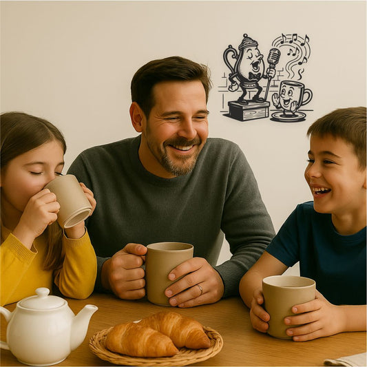 Teapot and Cup kitchen wall decal above family breakfast table – playful vinyl wall sticker decor