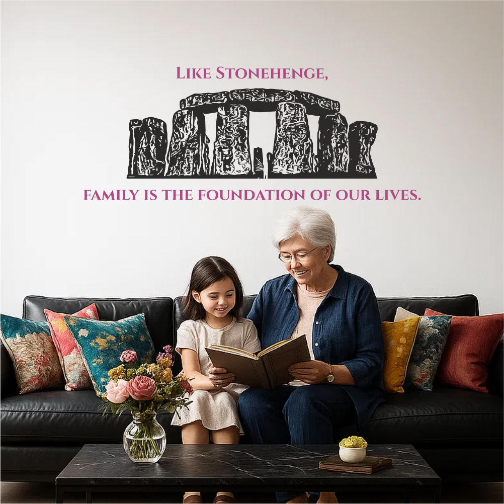 Stonehenge wall decal in living room with family reading on sofa