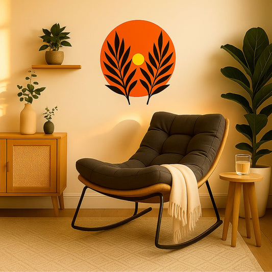 Sunset Palm wall decal applied in modern boho living room with warm lighting and plants
