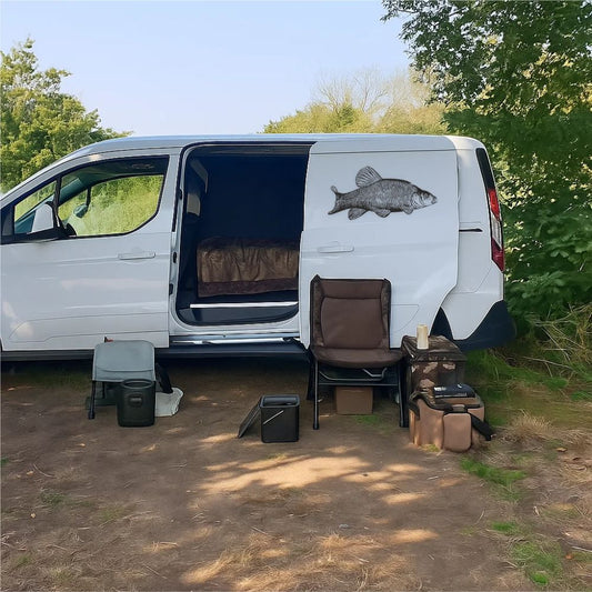 Tench fishing decal applied on van during fishing setup by the water